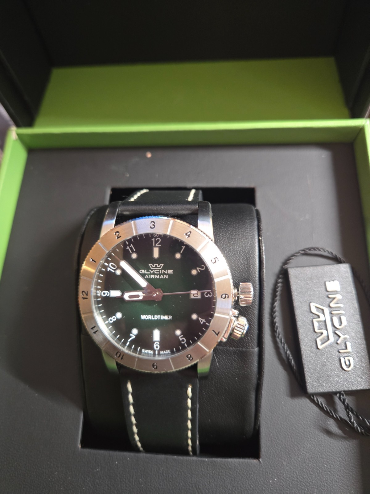 Glycine Airman Contemporary Worldtimer Quartz Green Dial Men’s Swiss Watch