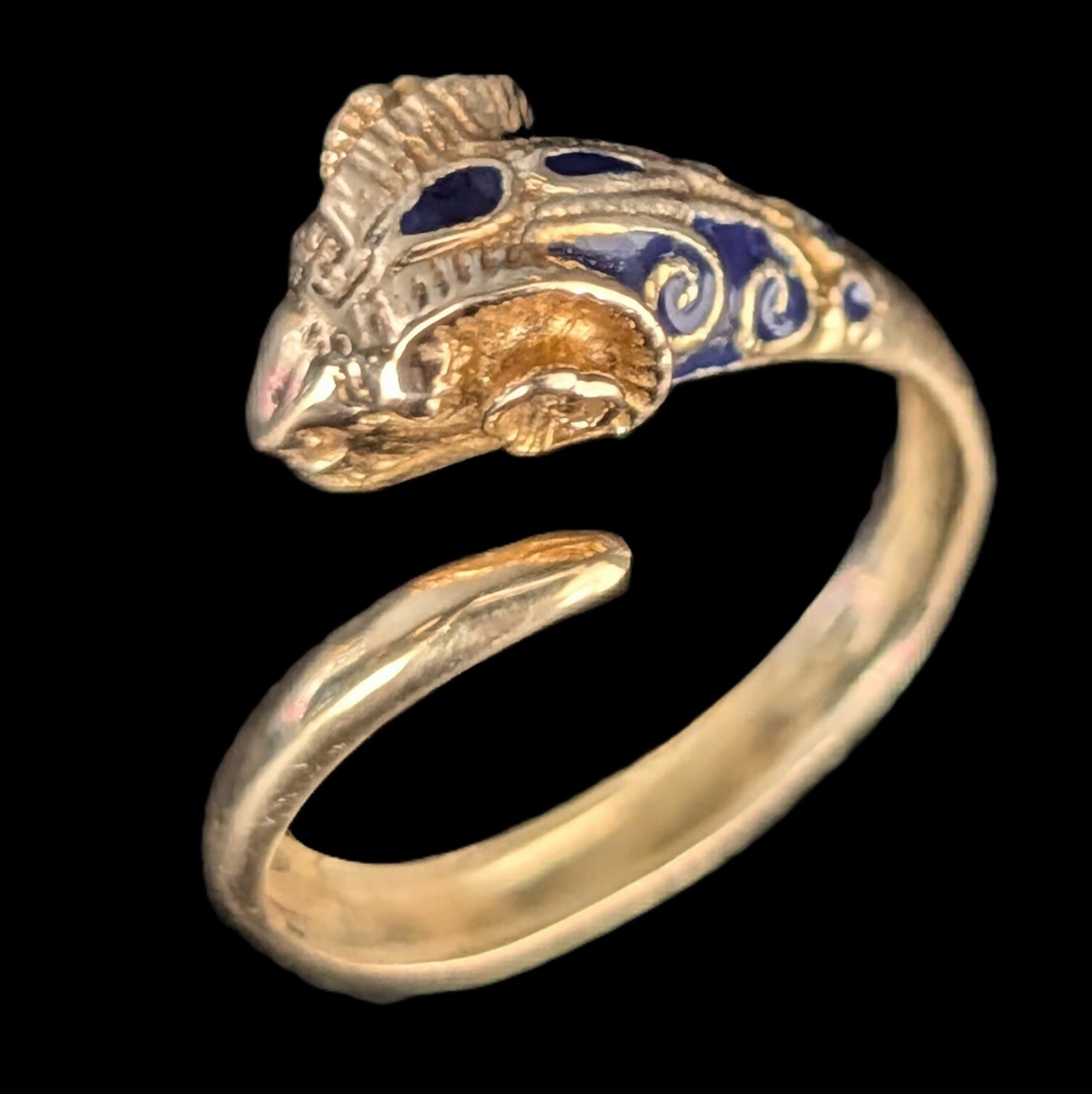 1970s Vintage 14k Gold Enamel Ram Head Bypass Ring Wrap Cocktail Gift Estate