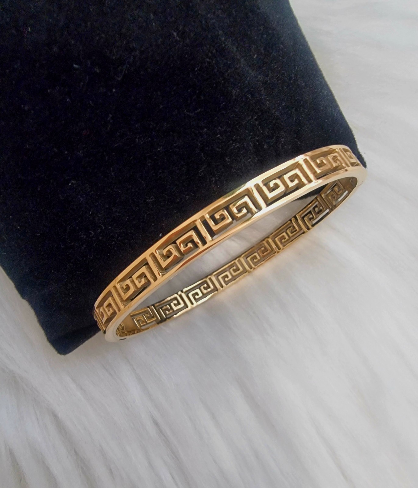 Stainless Steel Bangle Tarnish Free Greek Key Design Gold Plated Bracelet
