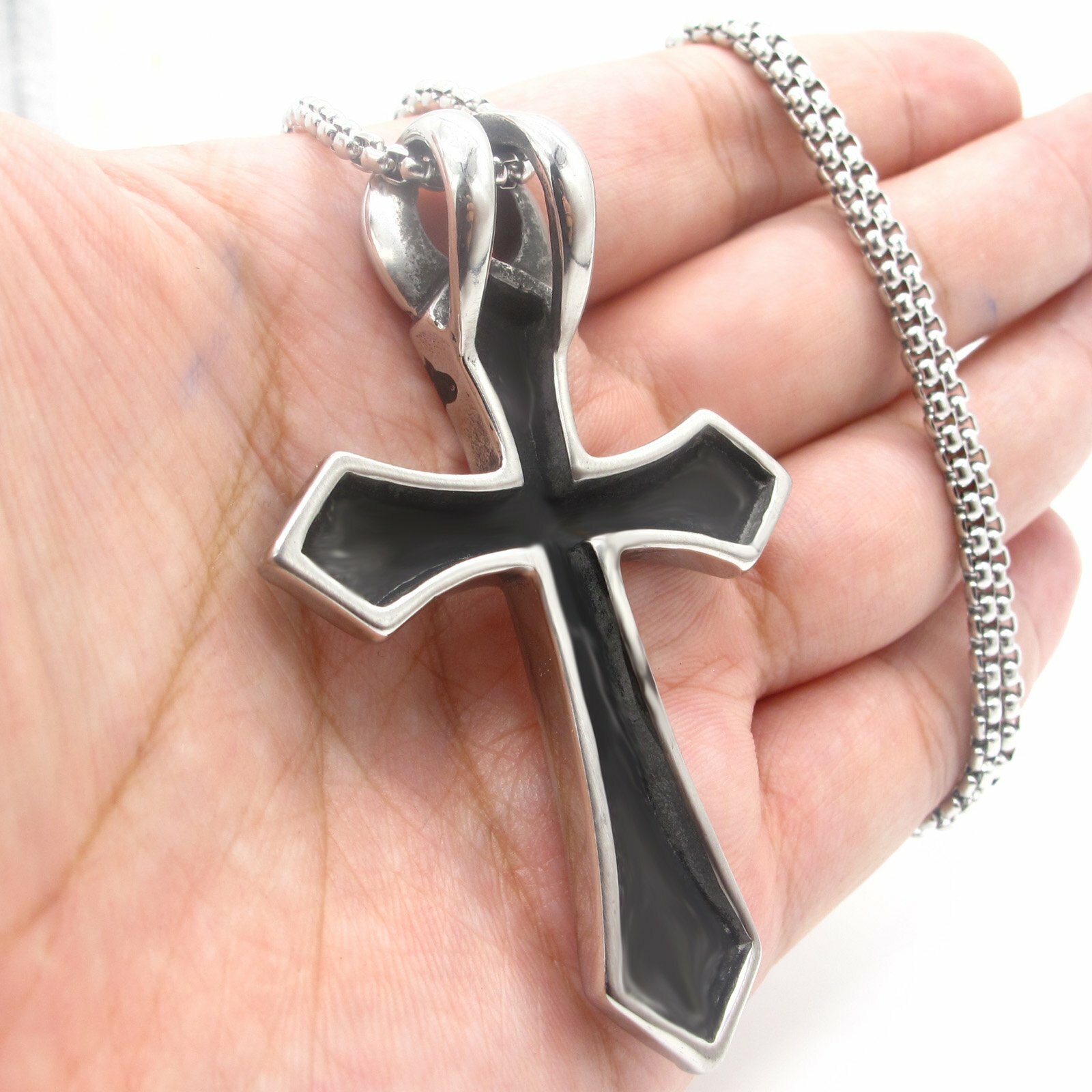 MENDEL Mens Large Egyptian Ankh Cross Pendant Necklace For Men Stainless Steel