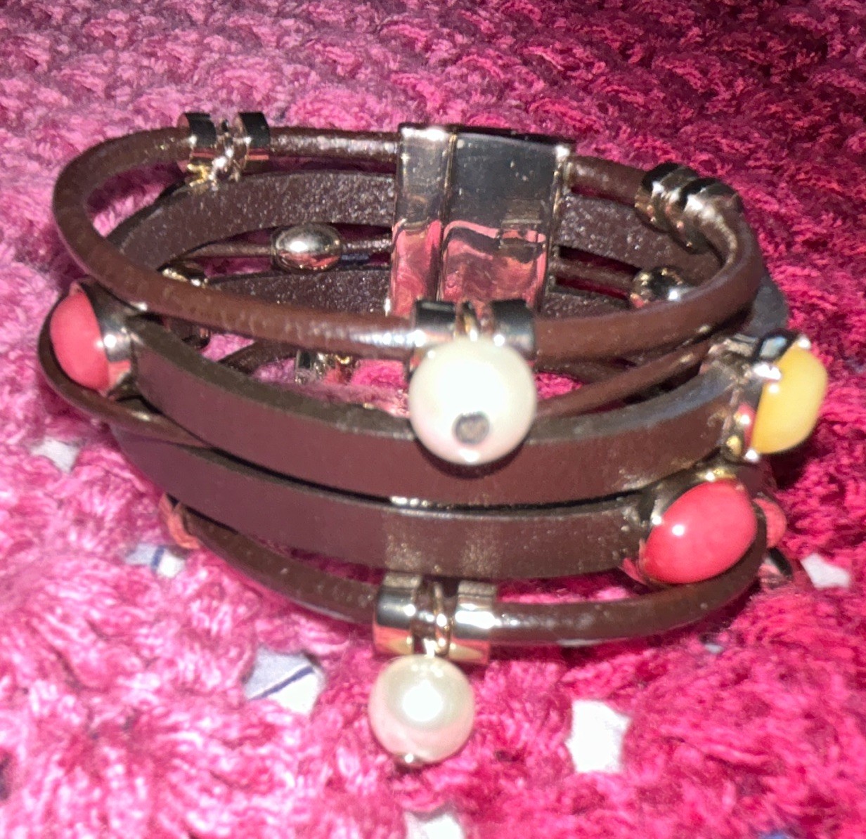 Multi-Strand Leather Cord Glass Bead Charm Bracelet, Brown/Multicolor