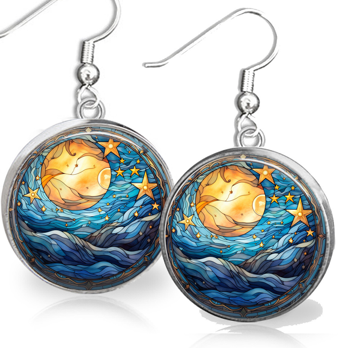 Faux Stained Glass Art Print Celestial Full Moon Starry Sky Ocean Waves Earrings