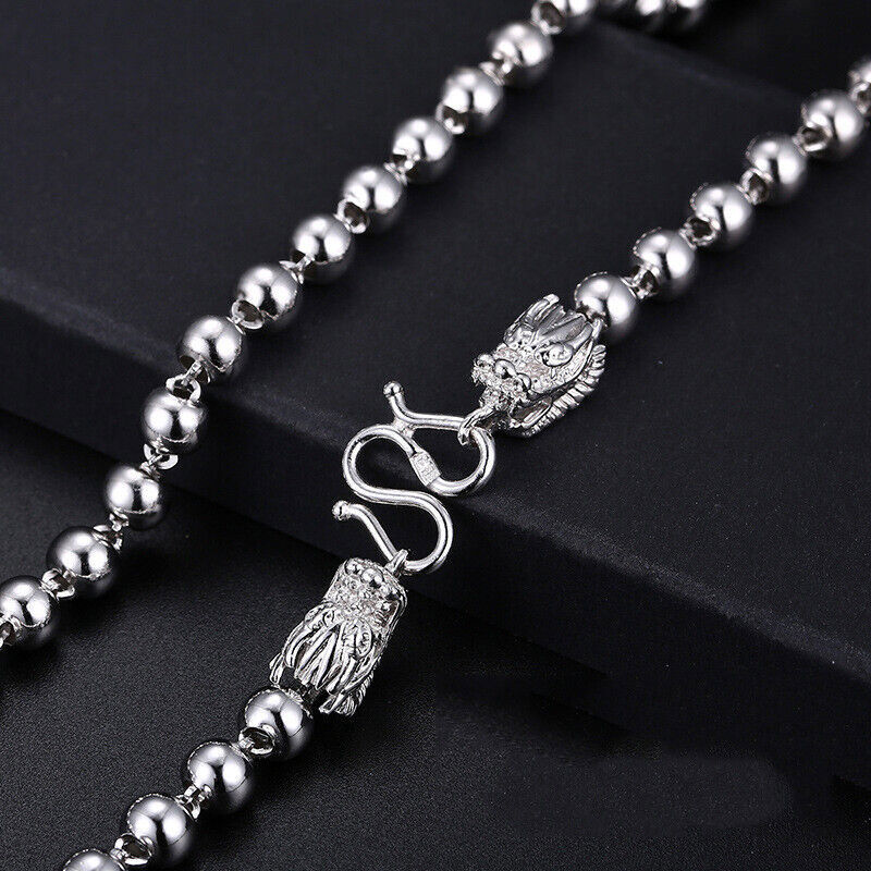 999 Pure Silver Chain Men’s 4mm/5mm/6mm Real Silver Beaded Necklace Dragon Head