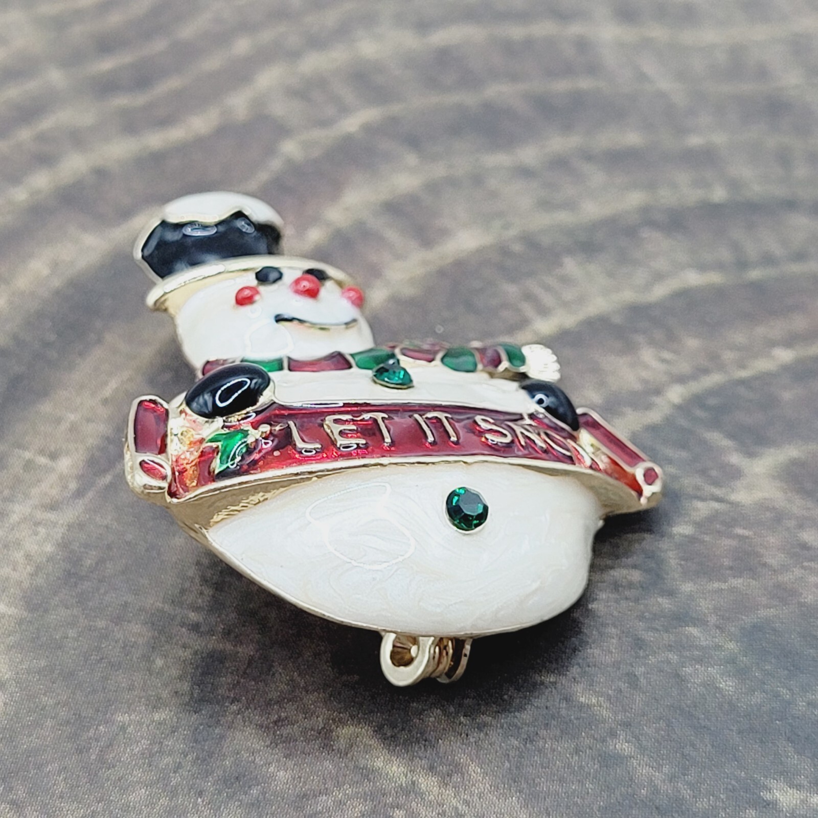 LET IT SNOW Metal and Enamel Snowman with Top Hat Scarf Gold Tone Brooch Pin