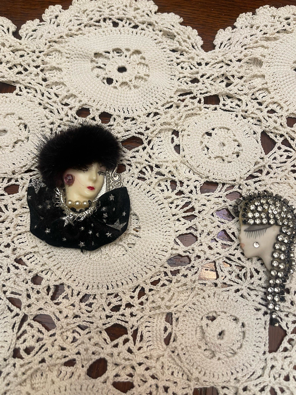 Vintage Booches Womens Faces With Fur And Rinestones