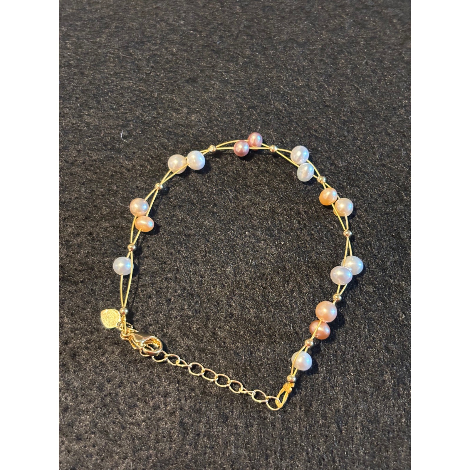 Multi Tone Pearl Station Bracelet Gold Tone Double Wire Adjustable