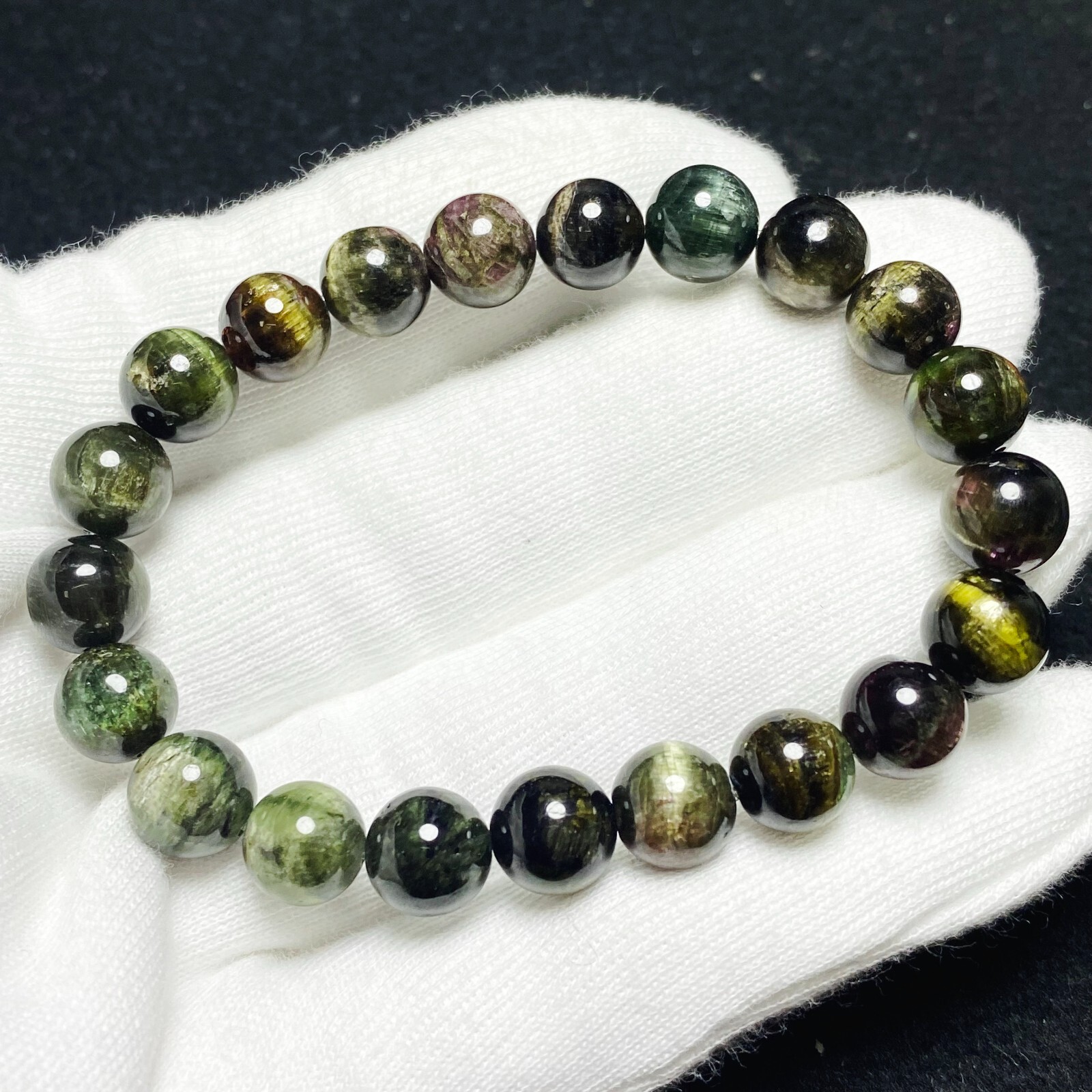 9.2mm Natural Color Tourmaline Cat’s Eye Quartz Crystal Beads Bracelet C1487