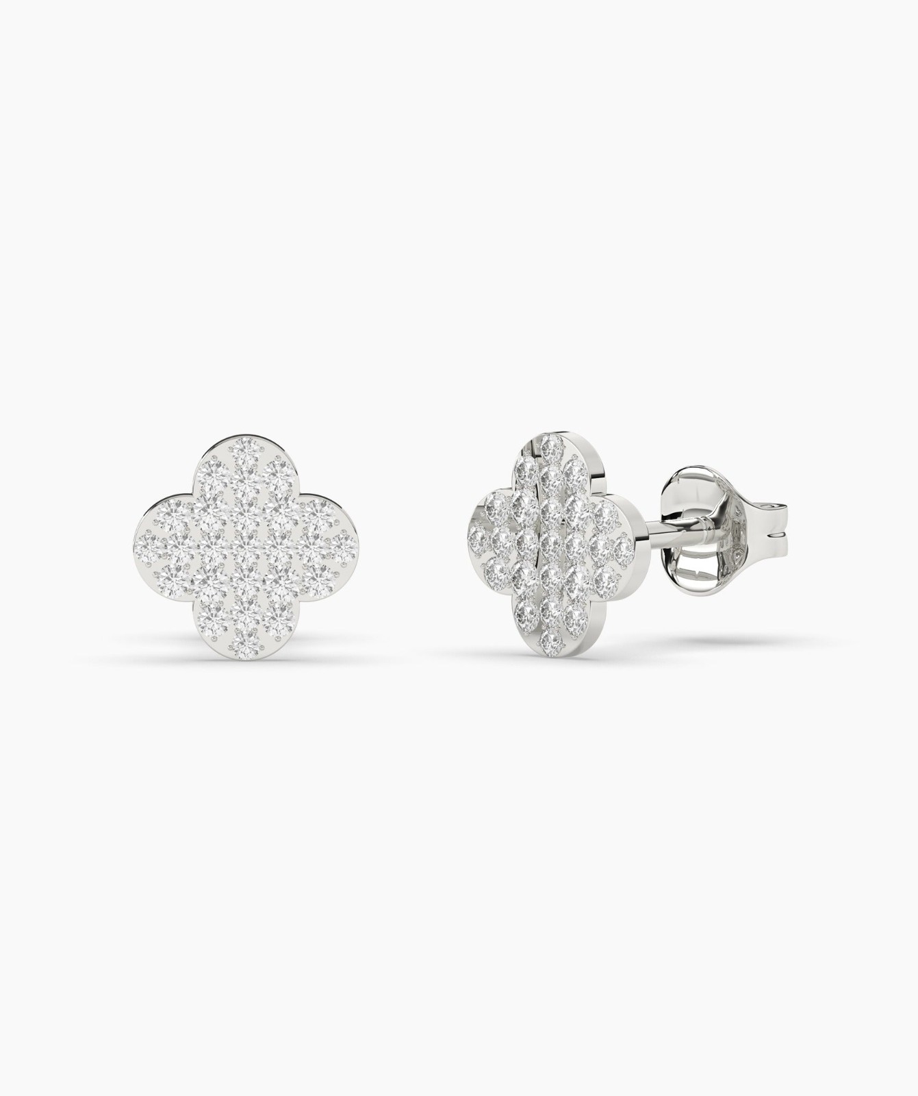 14K Solid Gold Round Cut Lab Grown Diamond Four Leaf Clover Pave Studs For Gift
