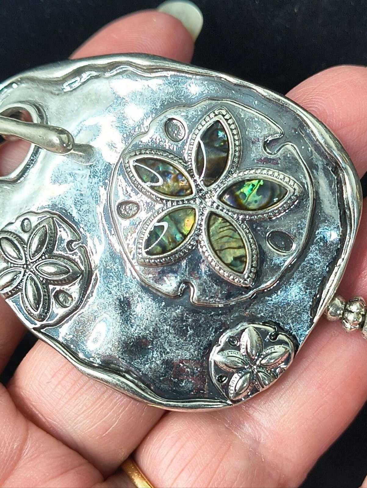 Abalone Shell Toggle Bracelet Coastal Beach Stretch Silver Tone Artisan Style
