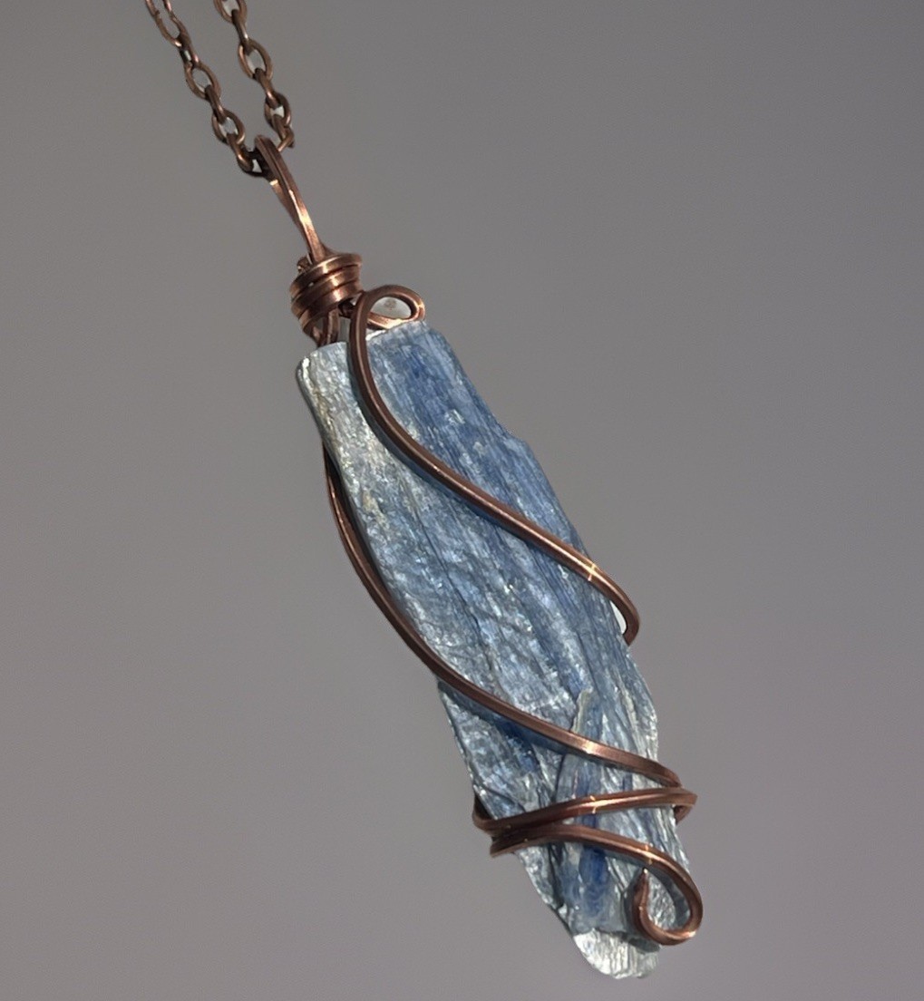 Blue Kyanite Blade Wire Wrapped Handcrafted Copper Necklace 18 Cable Chain