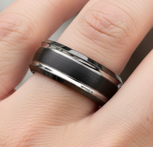 8mm Two-Tone Tungsten Carbide Band, Black IP Brushed Center Steel Color Ring