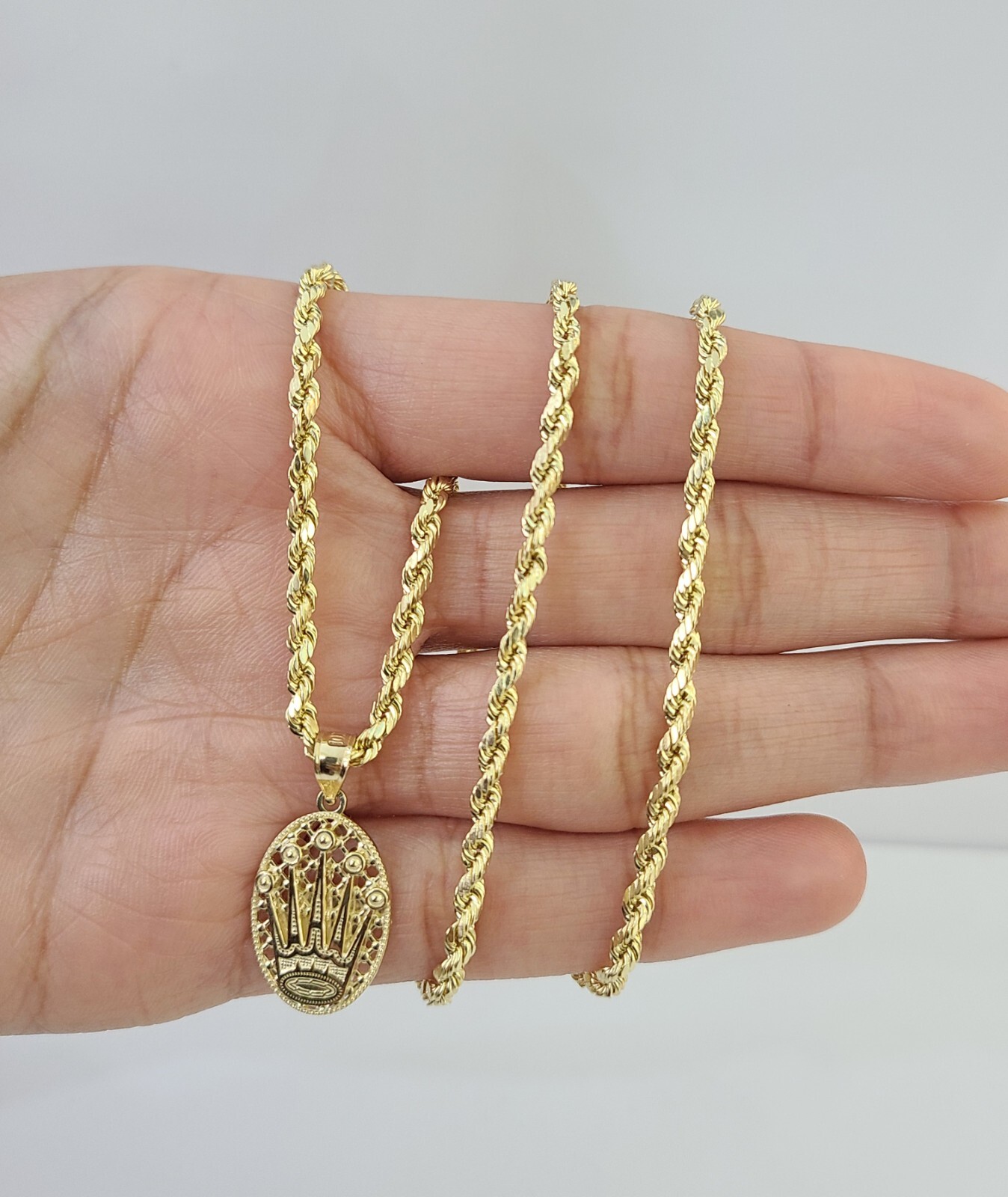 10K Yellow Gold Crown Pendent Charm 3mm Rope Chain 18″ 20″ 22″ 24″ 26″ Inch