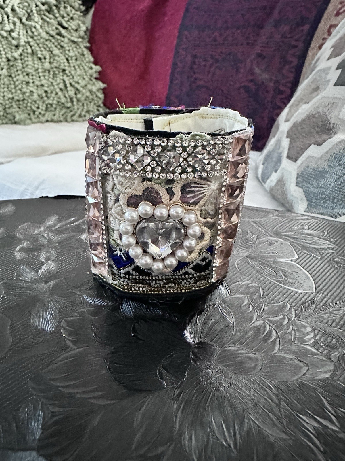 Handcrafted Artisan Cuff Bracelet Up Cycled Jewel Pearl Accent Fabric OOAK 7