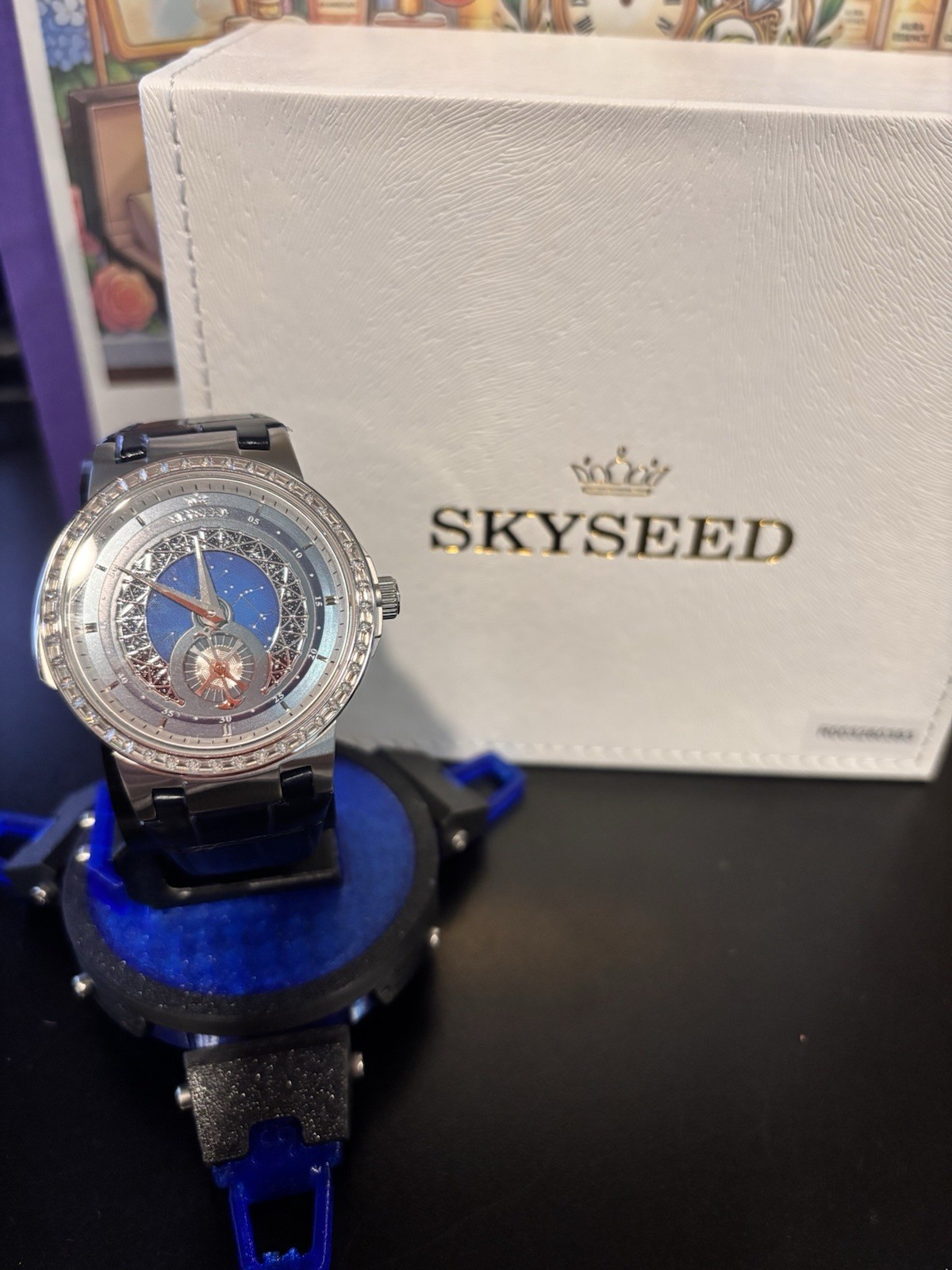 SKYSEED Luxury Blue Dial Diamond Accent Automatic Watch Blue Leather Strap