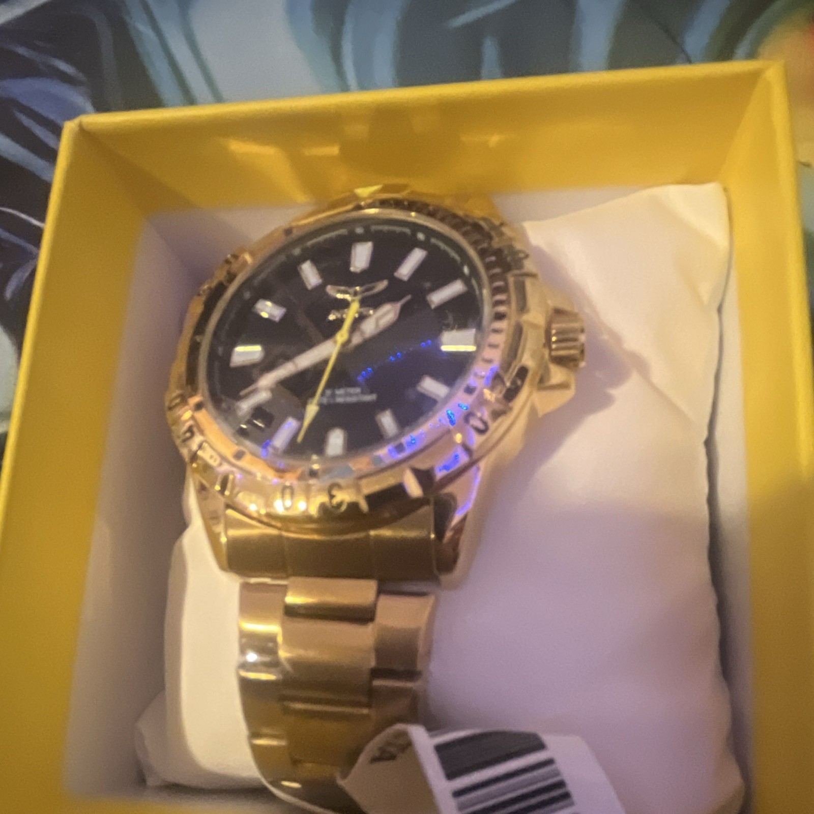 Invicta Men’s Quartz Watch Black Dial Gold Tone SS Bracelet 44mm 100m Box