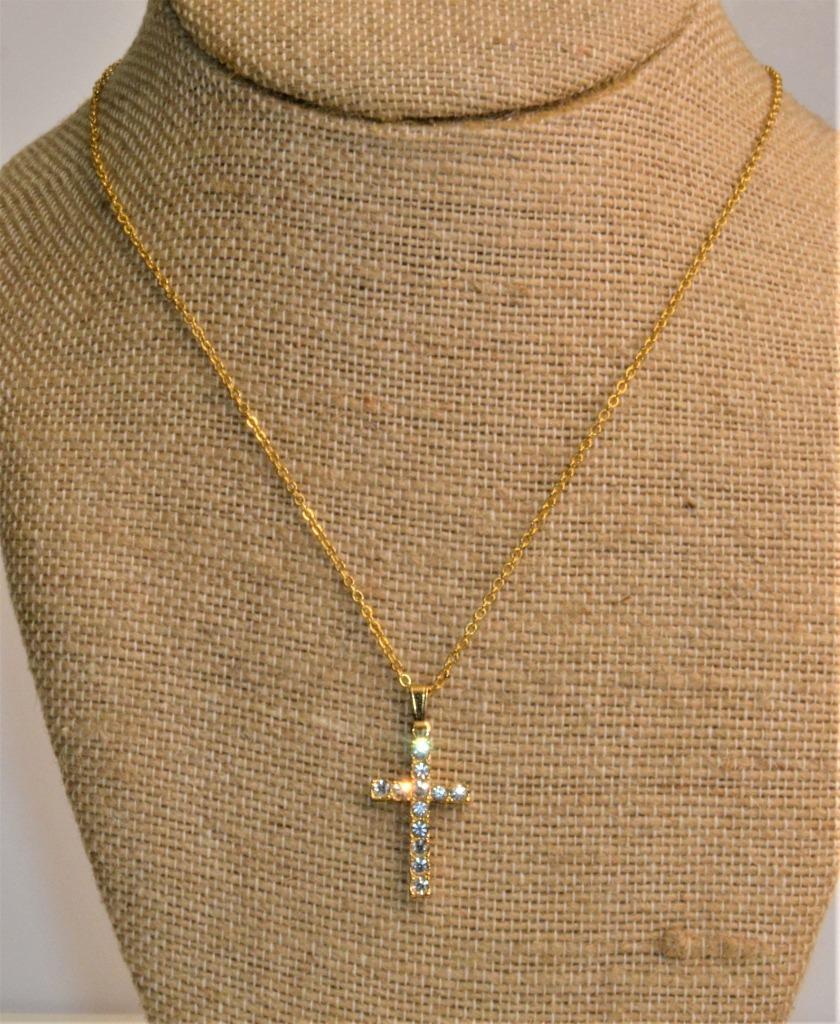 Vintage Stamped 18k GP Clear Rhinestones CROSS Shape Pendant on 18″ Chain