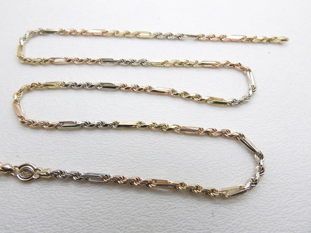 14K Tri Multi Gold Yellow White Rose Figarope Chain Necklace 20.1 Grams 22″ Inch