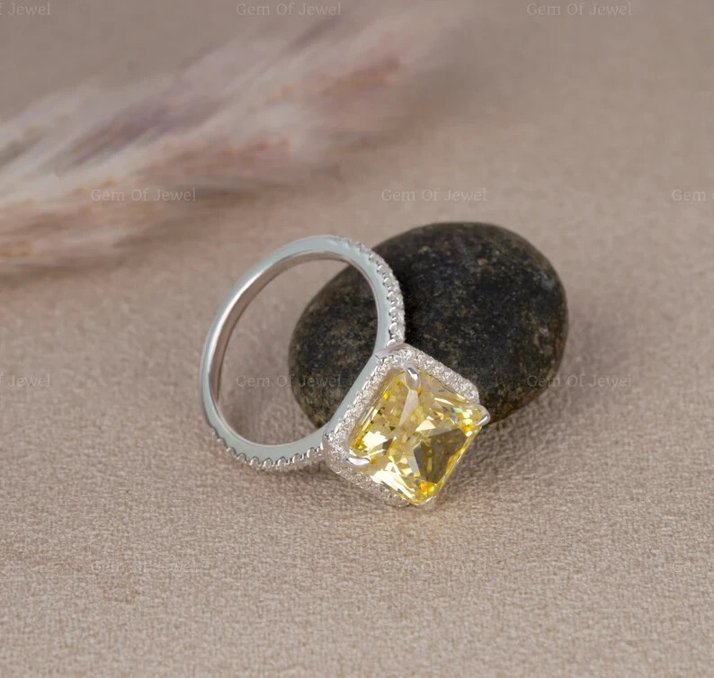 4.38 Ct Natural Yellow Sapphire Diamond Engagement Ring 14k White Gold Size 6