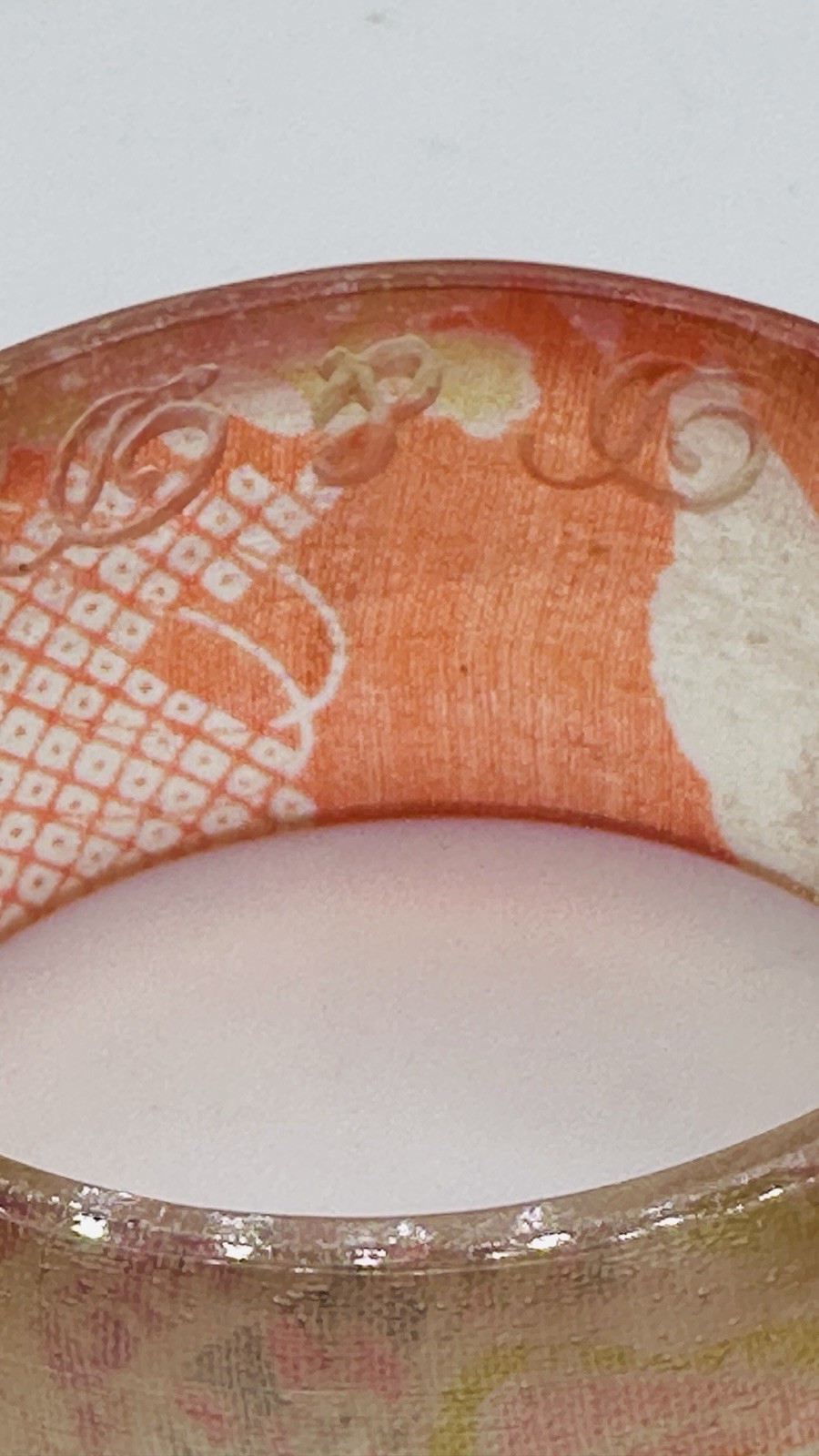 Vintage Signed Asian Geisha Decoupage Lucite Wide Bangle Bracelet Orange