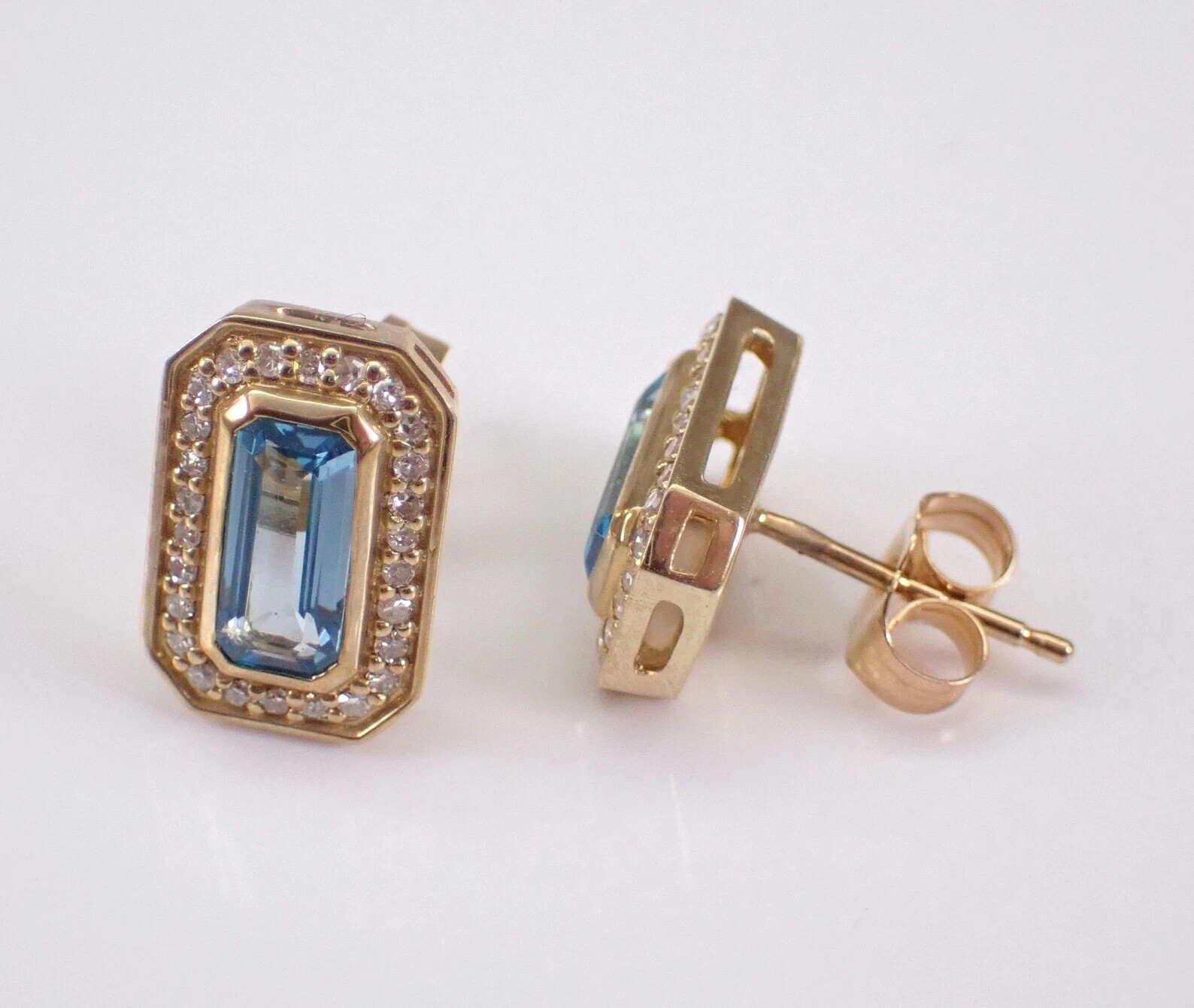 2Ct Emerald Cut Natural Blue Topaz Halo Stud Earring 14K Yellow Gold Plated