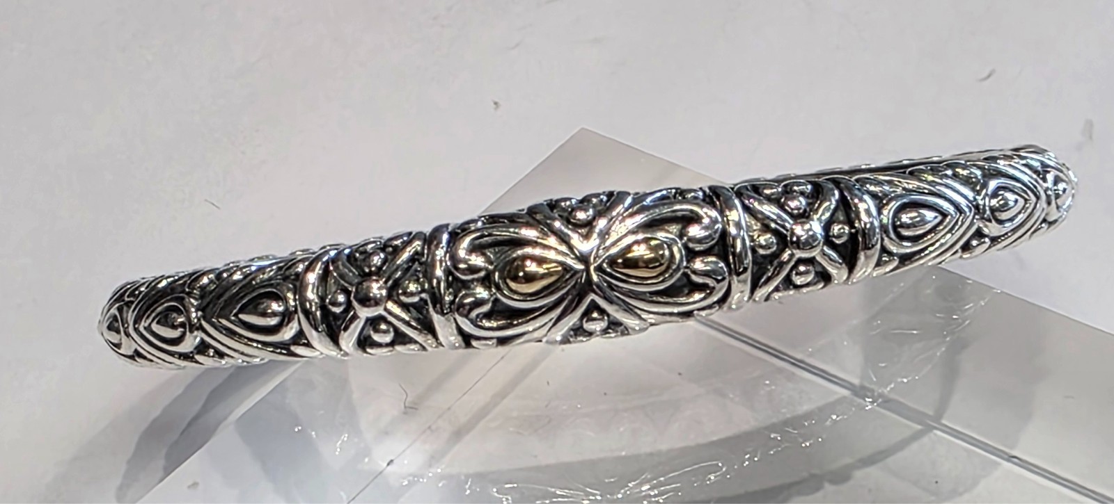 John Hardy Angela sterling silver & 14k yellow gold hinged 6″ cuff bracelet
