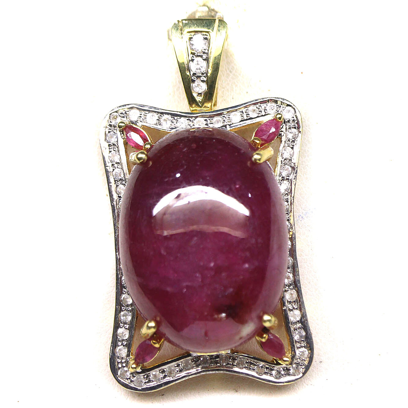 Gemstone Heated 21 x 28 mm. Red Ruby & White Zircon Pendant 925 Silver 18K Gold