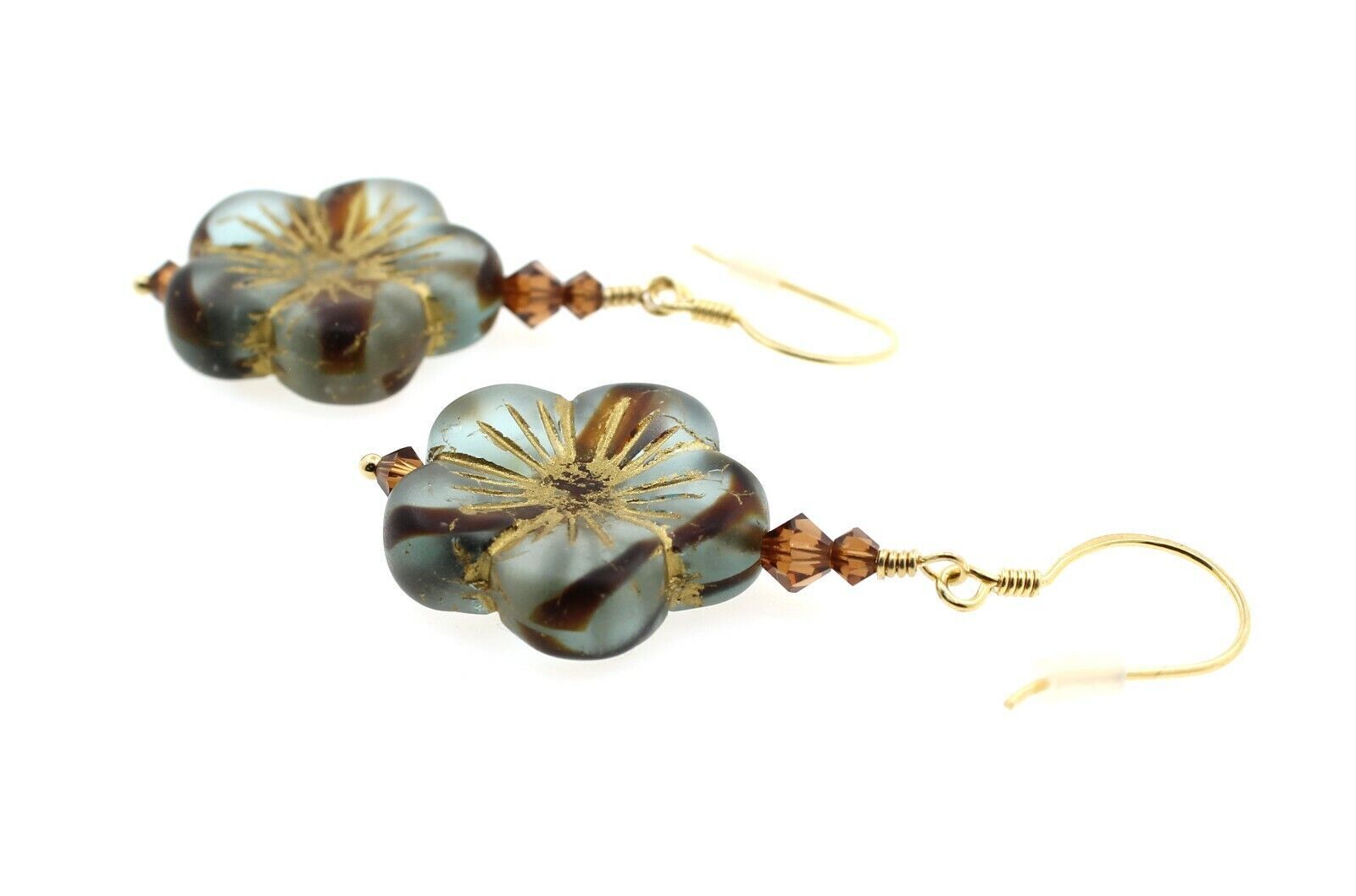 Flower Earrings Frost Seaglass Stripes Blue Glass Caramel Swarovski Vermeil Gold