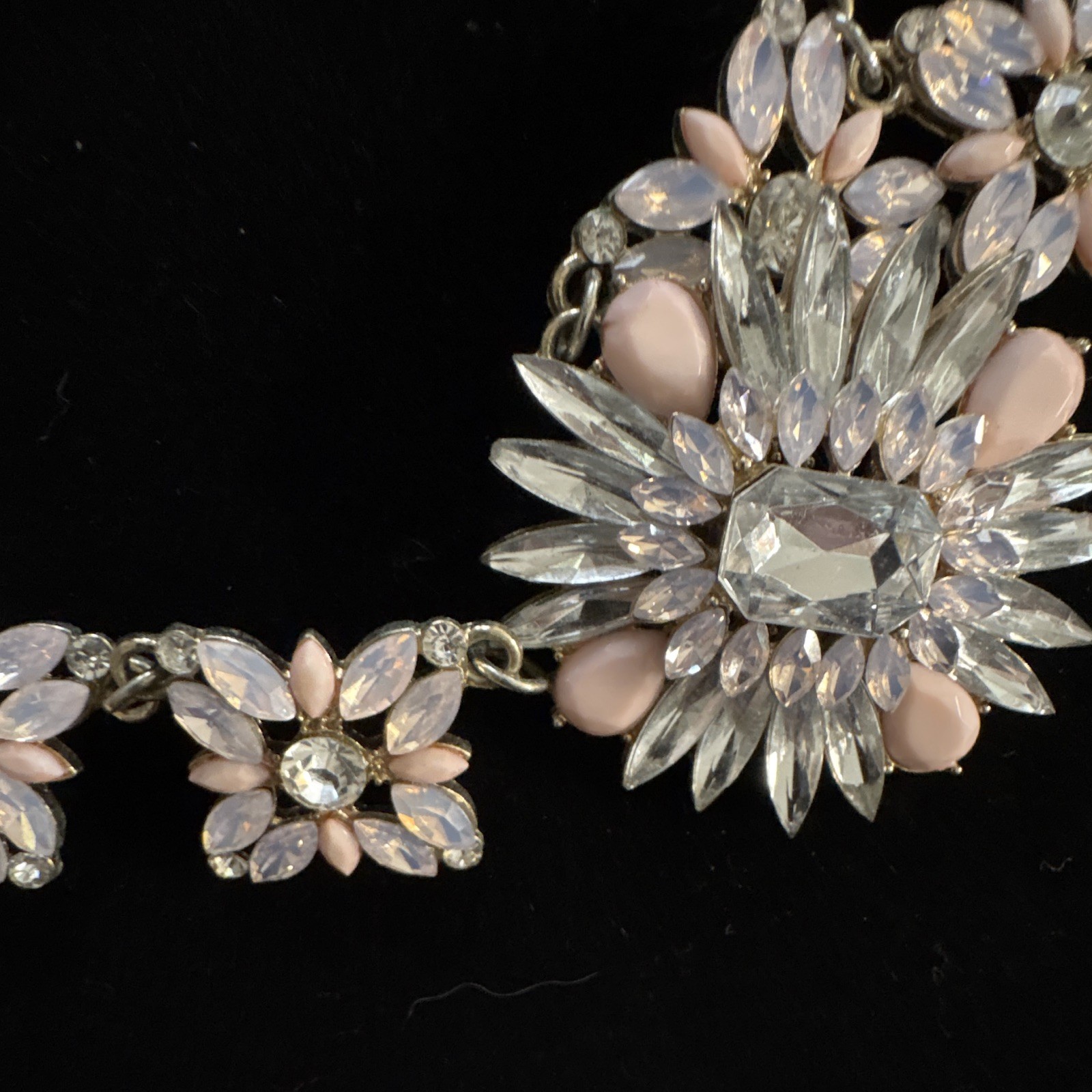 Silver Tone Statement Necklace Pink Floral Pendant Clear Crystal Rhinestone