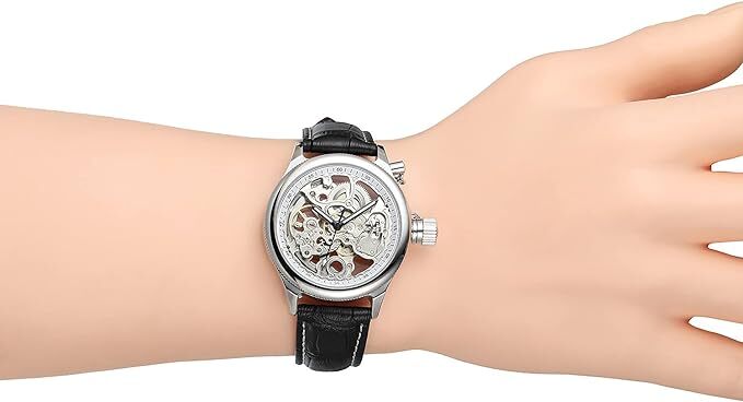 Automatic Mechanical Men Watch Silver Skeleton Transparent Dial Leather Band