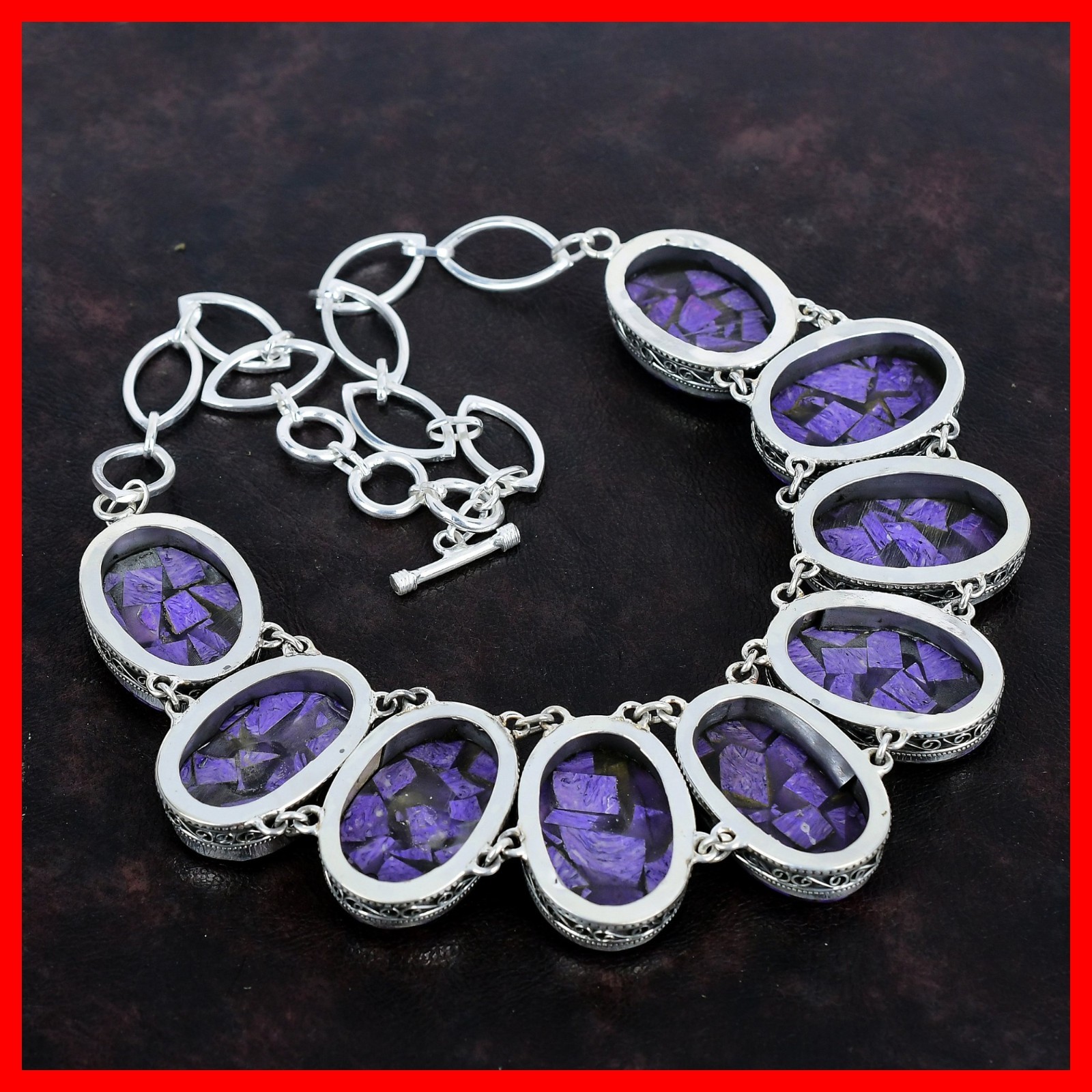 Valentines Sale Copper Charoite Stone 925 Silver Vintage Chain Artisan Necklace
