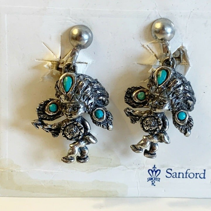 Sancrest Sandford Silver Co Warrior Silver Toned Necklace Earrings Turquoise VTG