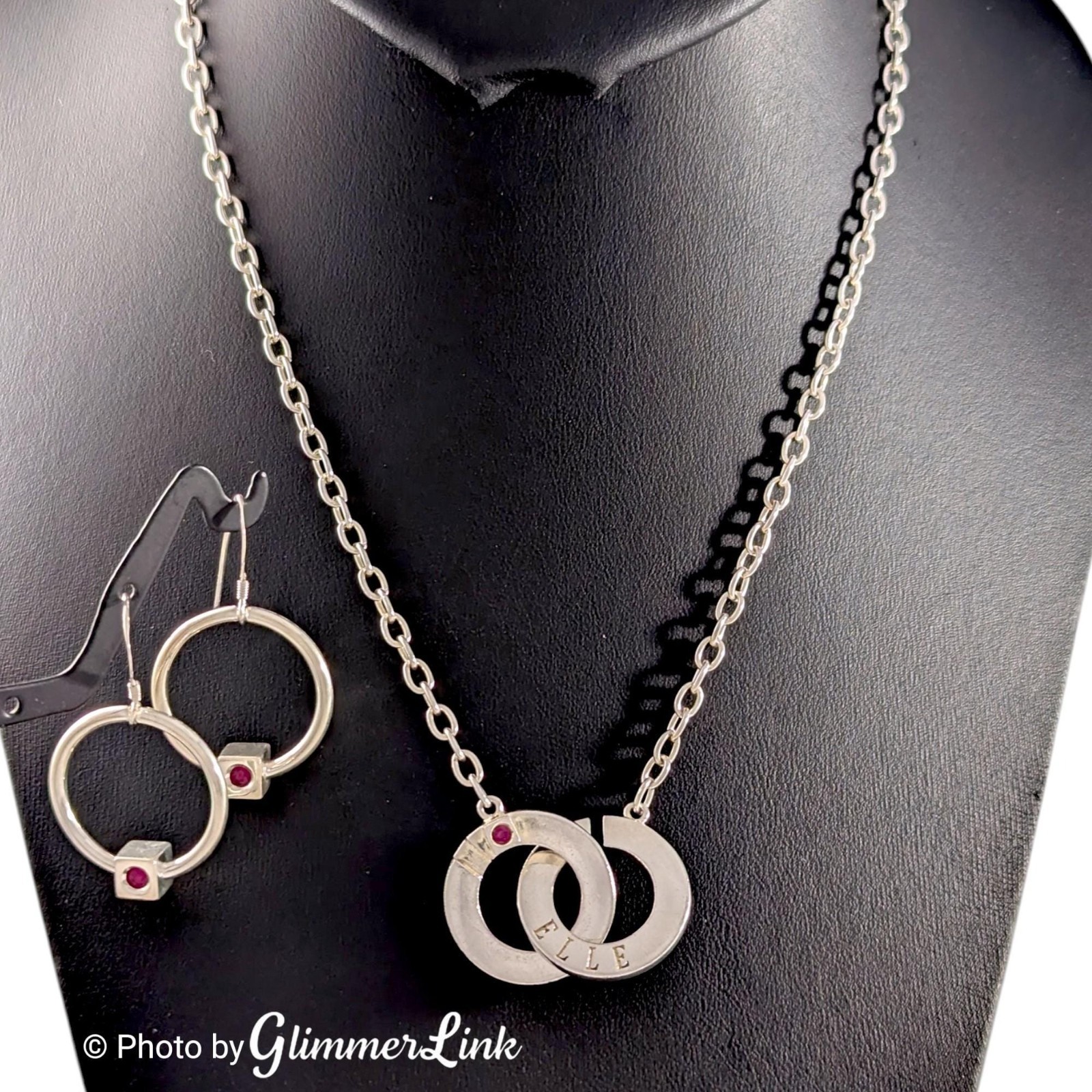 Vintage ELLE Sterling Silver Ruby Interlocking Circle Jewelry Set