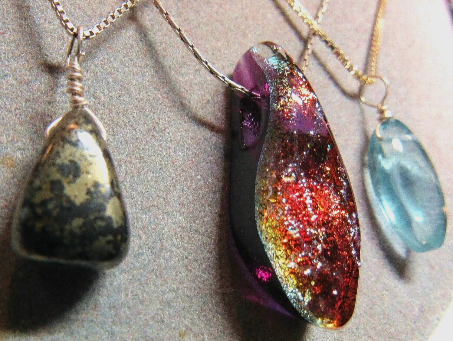3 PC Pendant Necklace Lot Sterling 925 Silver Fluorite Pyrite Stone Glass 17.0g