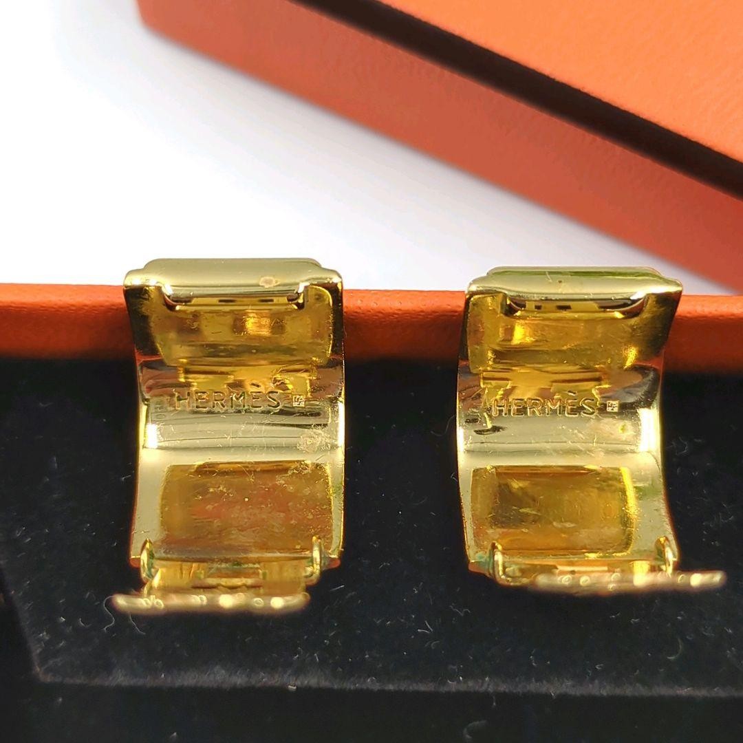 HERMES H Logo Clip On Earrings Enamel Gold Navy Vintage France Box Included Used