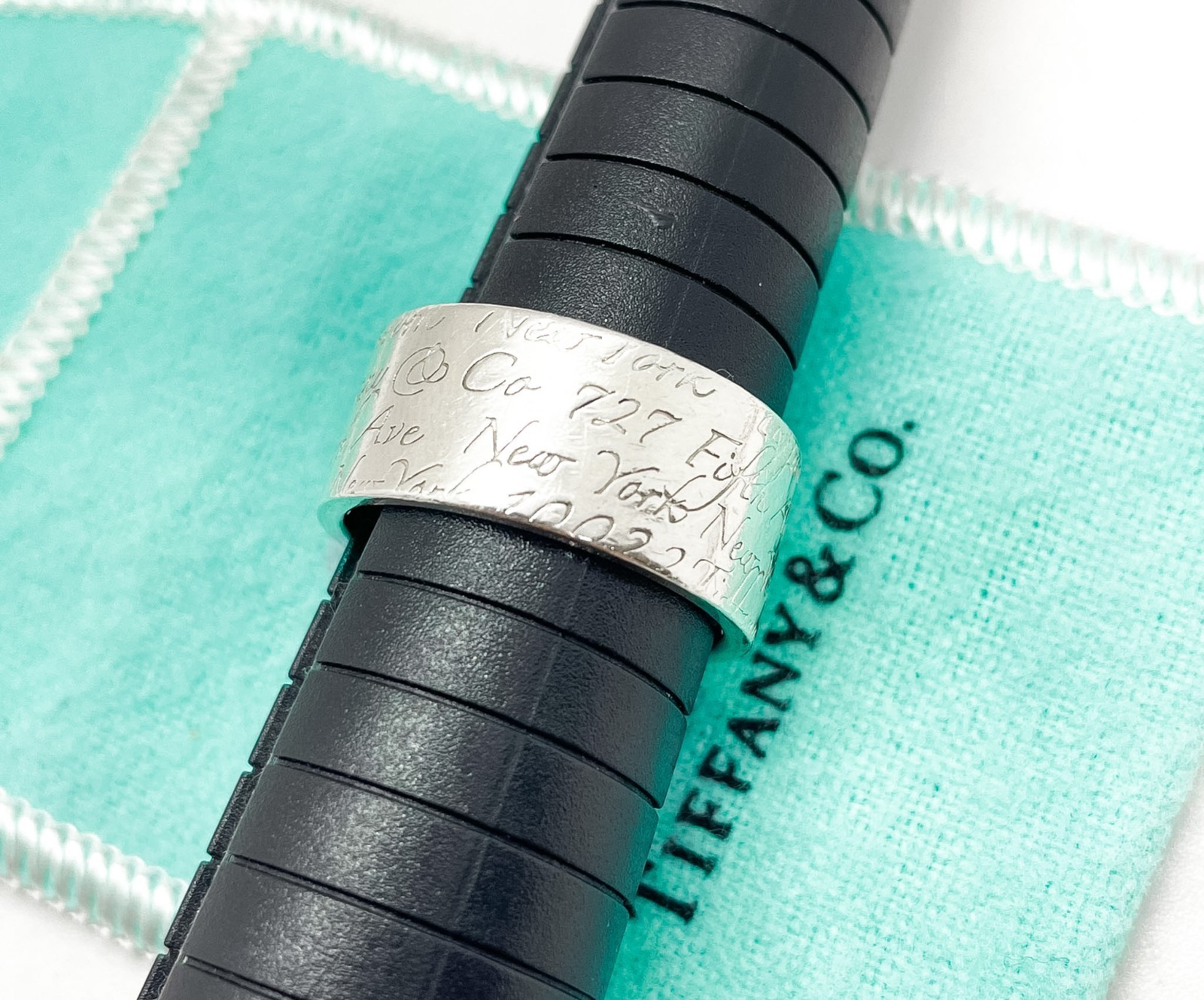 Tiffany & Co. Notes Script Fifth Avenue New York Wide Band Ring Silver Size 8.75