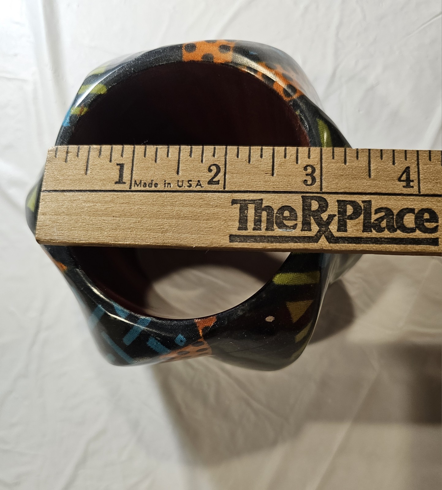 Handcrafted Asymmetrical Painted Wood Bangle Bracelet Black Blue Orange Yellow