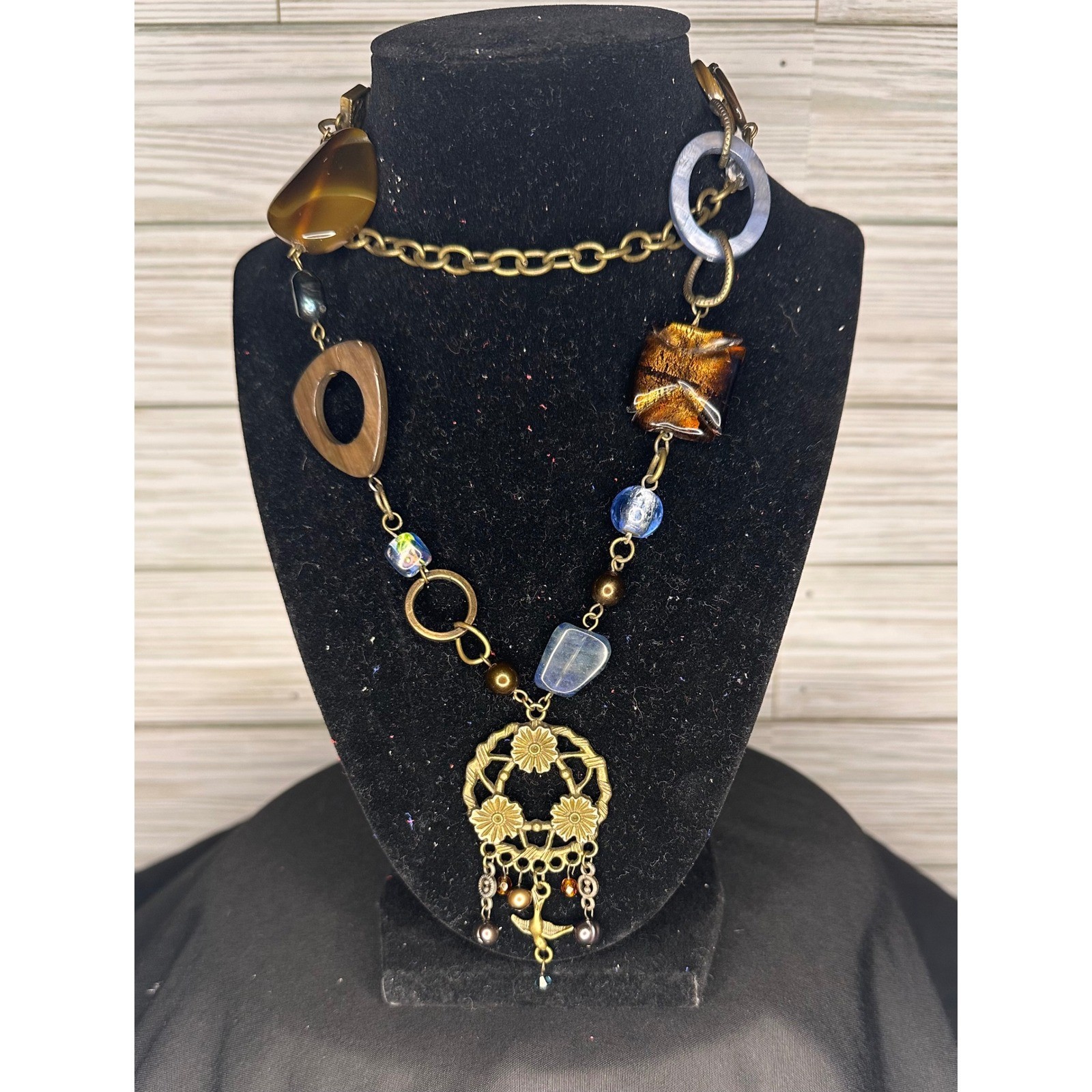 Boho Statement Necklace Mixed Media: Glass Stone Brass Wood