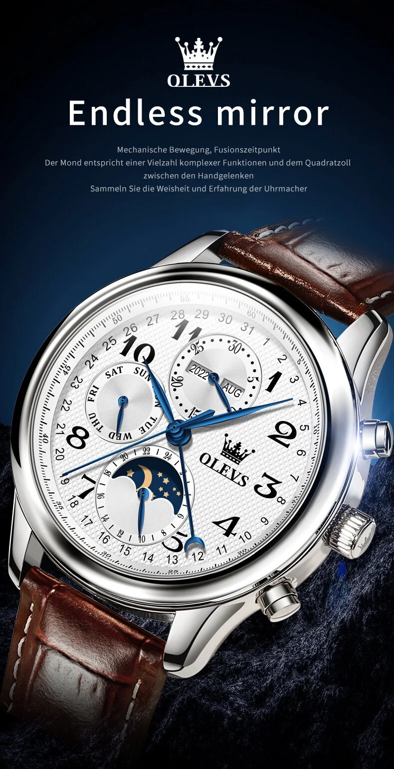 OLEVS Automatic Mechanical Watch Men’s Moon Phase Waterproof Leather Men Strap