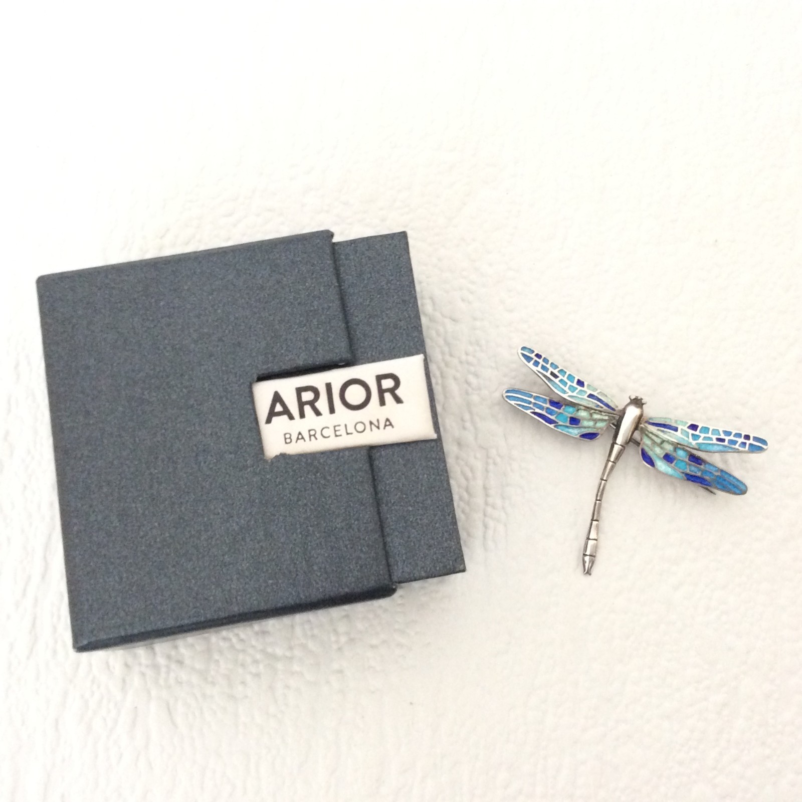 Arior dragonfly brooch pendant – Silver – Enamel Blue Mosaic – 5cm/2in – Boxed