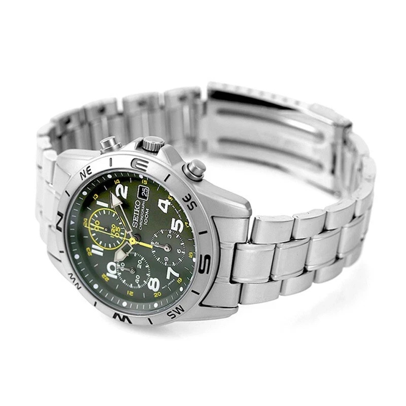 Seiko Chronograph SND377P1 SND377P Green Dial Stailess Steel Men Watch NEW BOX