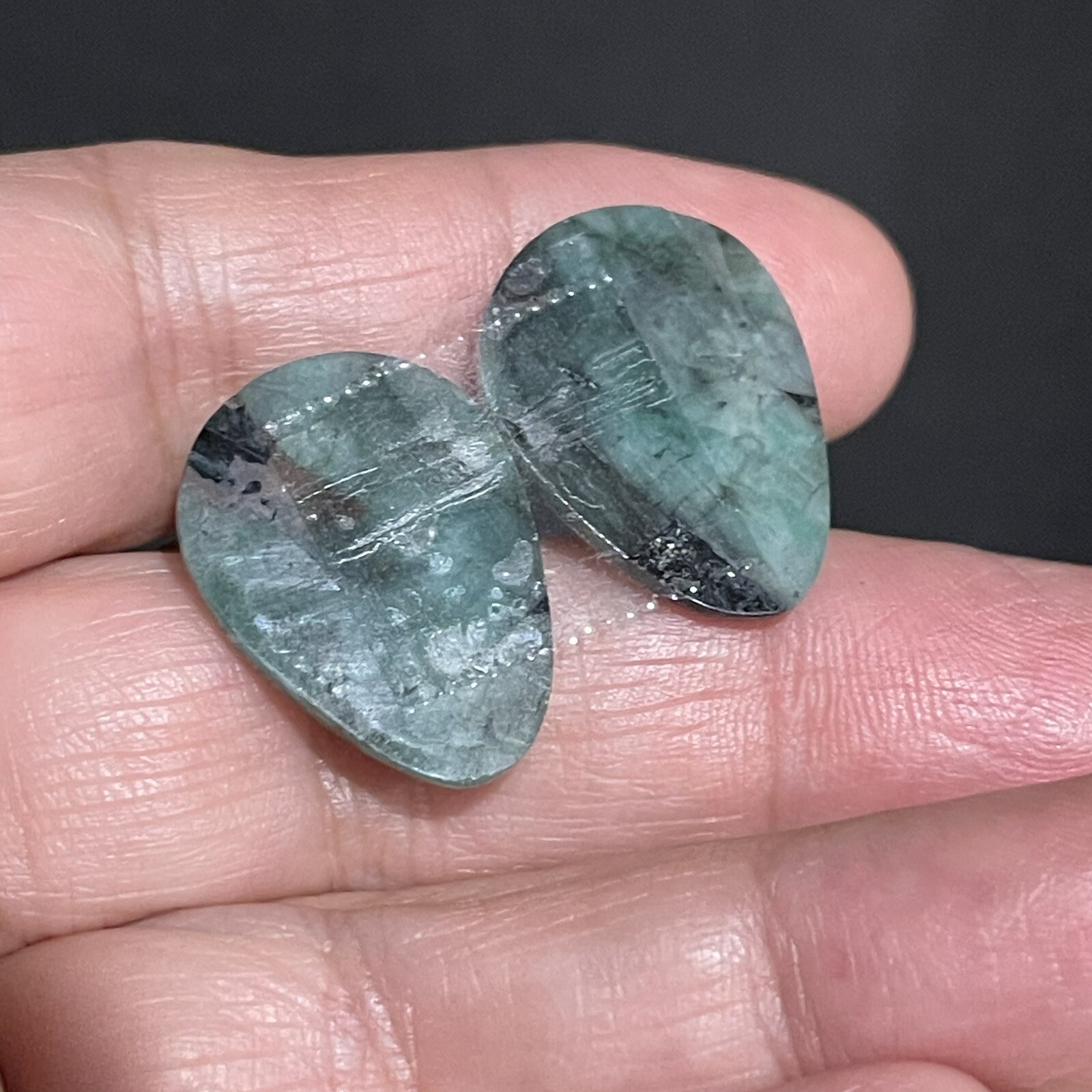 24.3ct 22×15.8×4.7mm Pair Green Emerald Rose Cut Flat Back Teardrop Cabochons