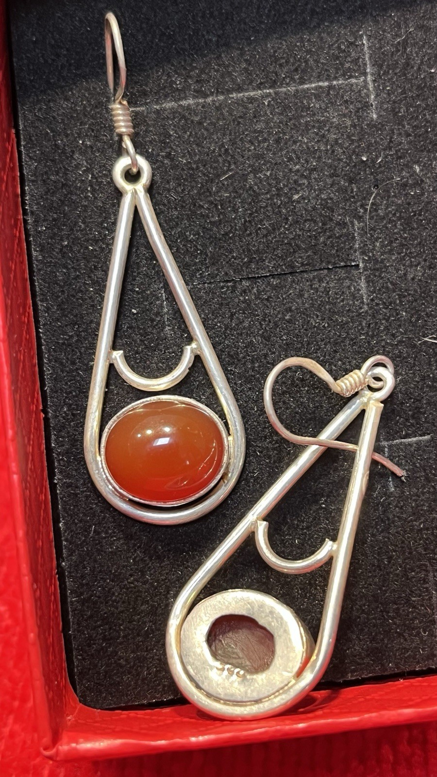 Vtg Sterling Silver 925 Teardrop Outline & Lge Cabochon Carnelian Stone Earrings