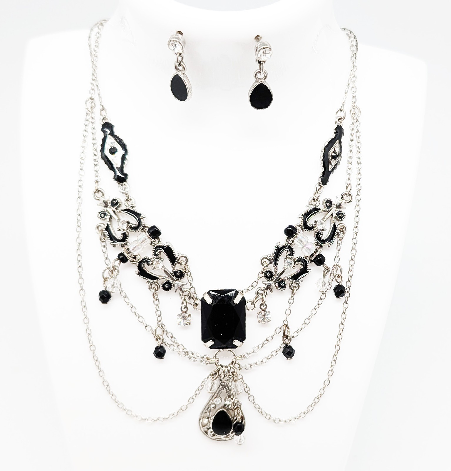DESIGNER INSPIRED 18 in BLACK CRYSTAL VICTORIAN DROP DANGLE SILVER JEWELRY SET