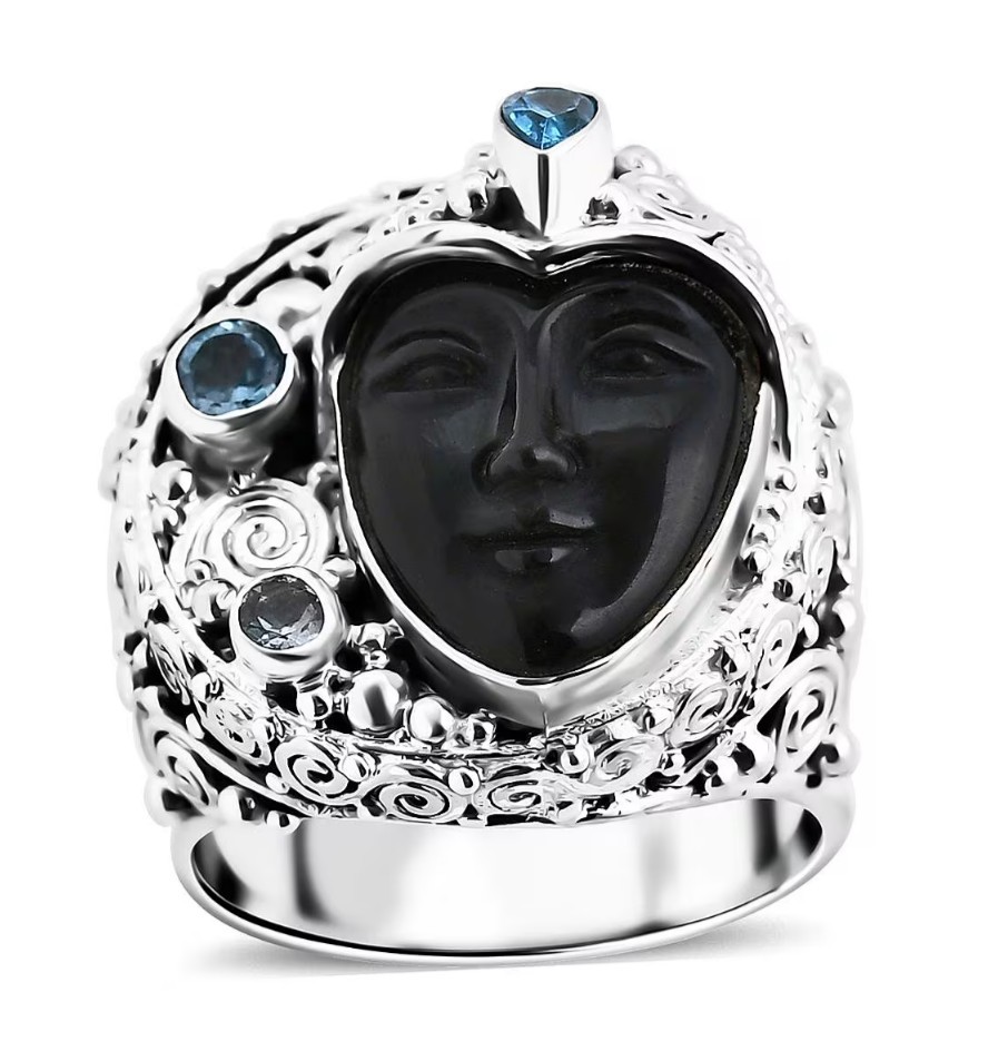 Sajen Rainbow Obsidian Carved Goddess MultiGemstone Sz6 Ring 925 Silver 8.00ctw