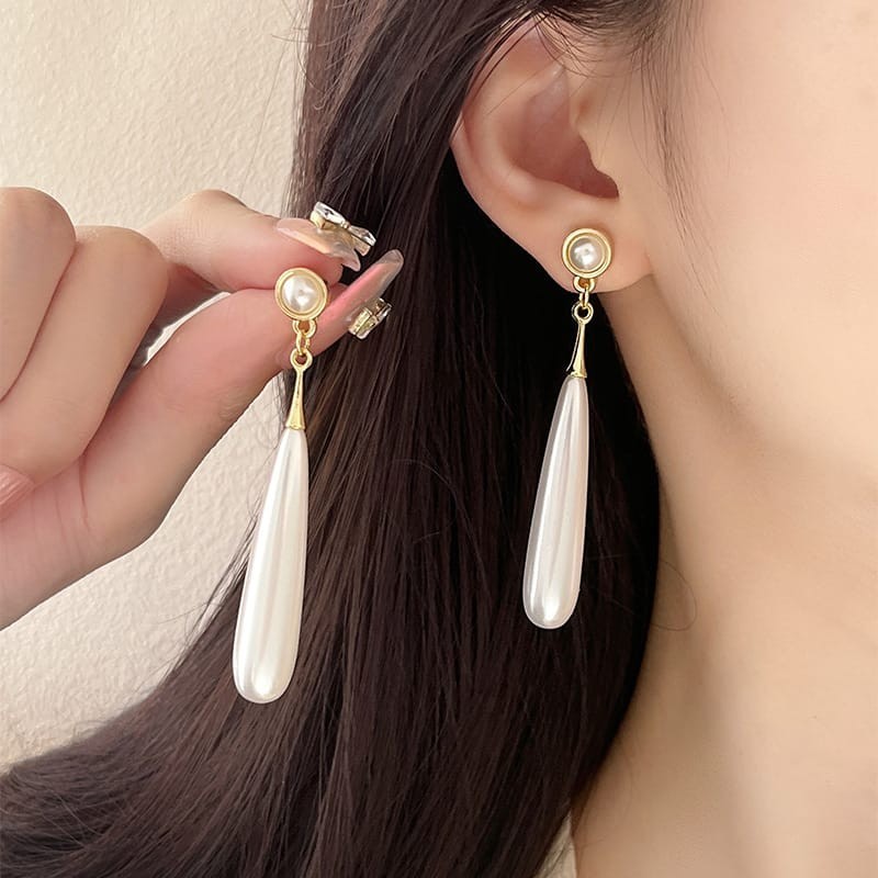 Water Drop Simulated Pearl Dangle Earrings Gold Tone Long Drop Wedding Jewelry