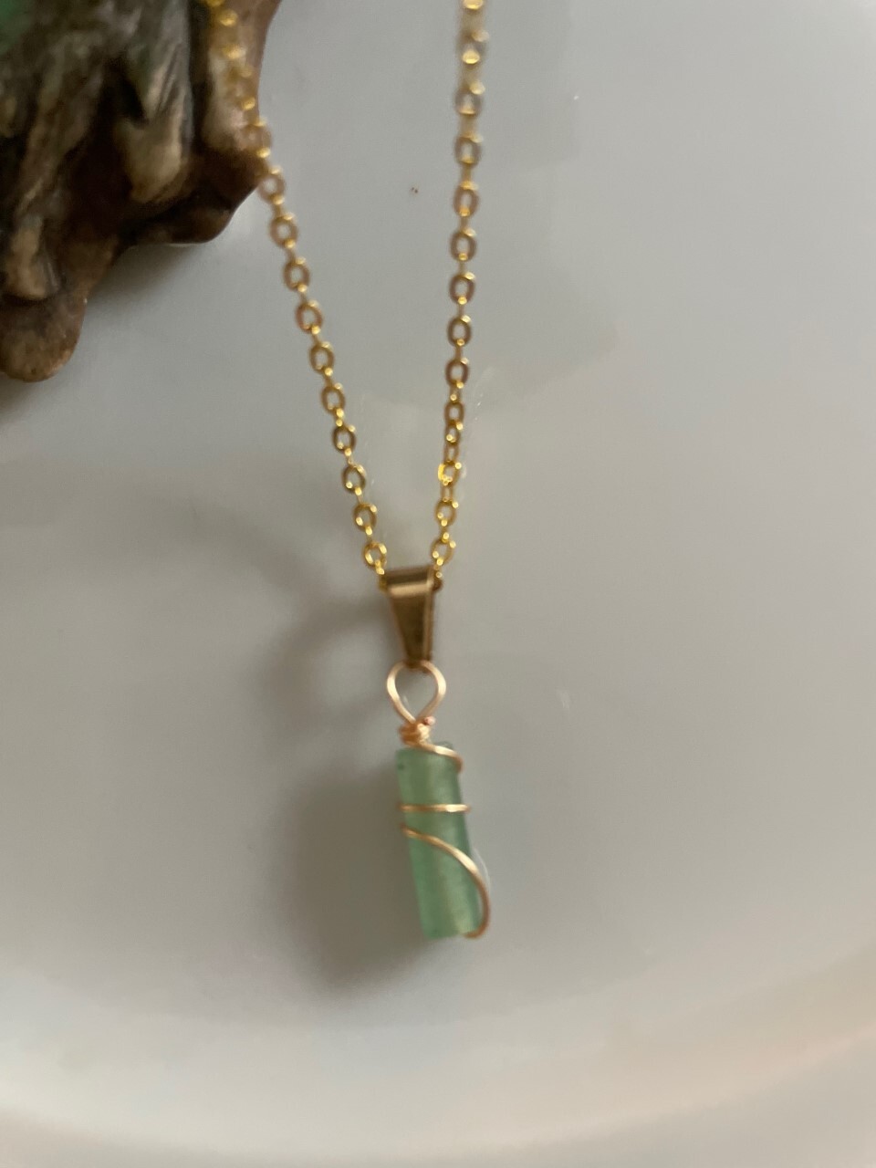 Green Aventurine Stone Pendant Necklace Gold Chain Wire Wrap Simple Natural