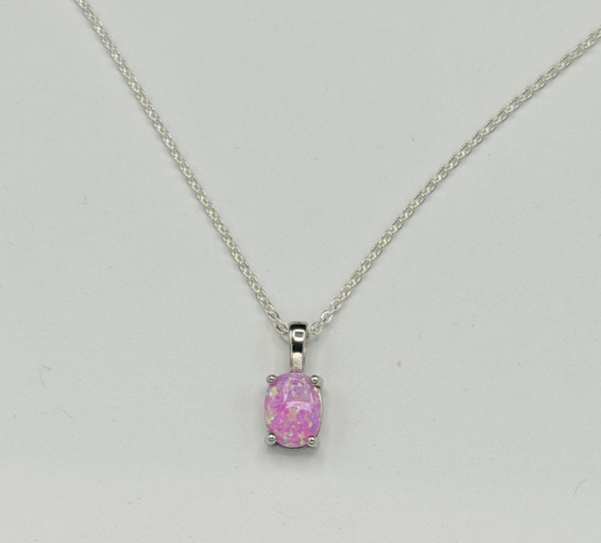 Sterling Silver Lab Pink Opal Pendant Necklace 18″ 3.2g NWT Gift Box