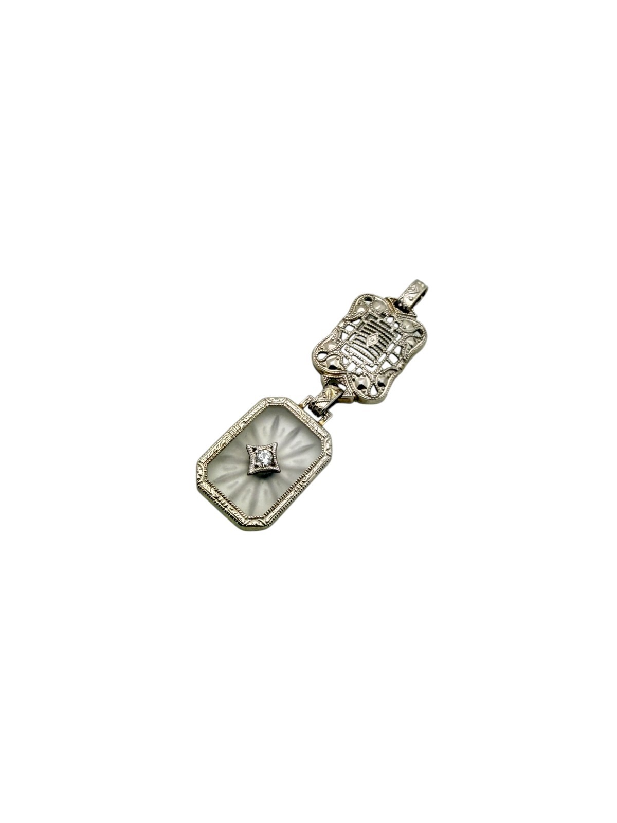 Art Deco 10k White Gold Filigree Camphor Glass Panel 10.8mm Pendant With Diamond