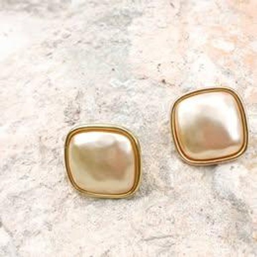 Vintage Napier Earrings Gold Tone Cream Faux Pearl Square Button Omega Back
