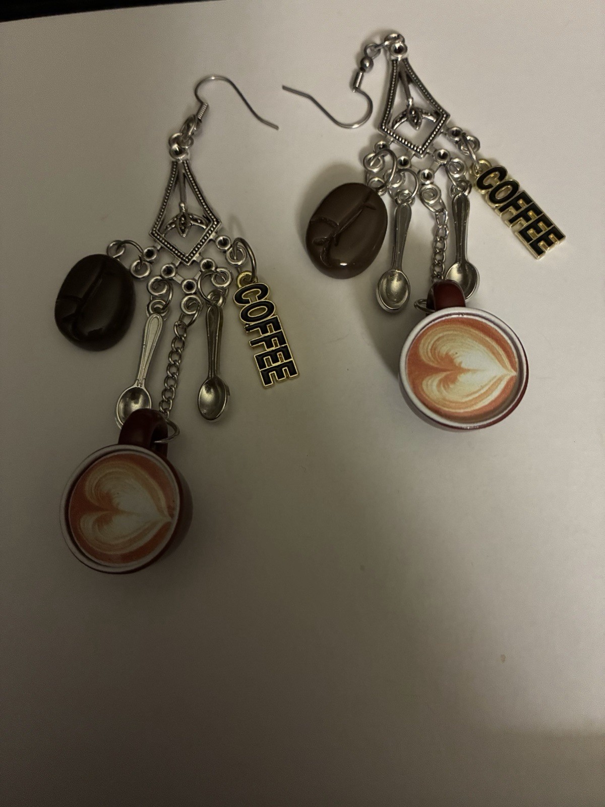 Handmade Coffee Charm Dangle Earrings with Cup and Spoon Charms